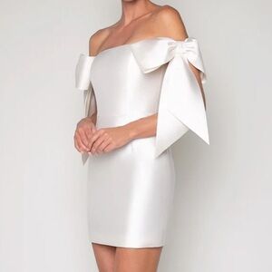 Alexia Maria Isabella Silk Wool Ribbon Bow Off Shoulder Mini Dress Bride Bridal